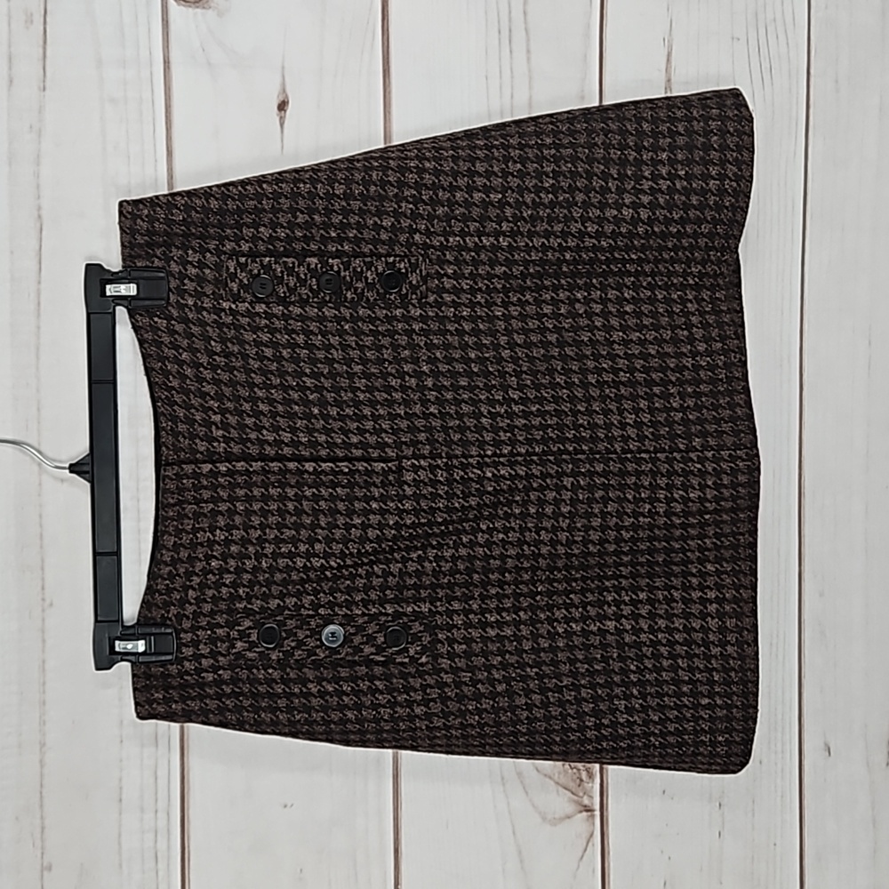 Halogen Dark Academia Wool Blend Brown & Black Houndstooth Skirt Size 10 Petite